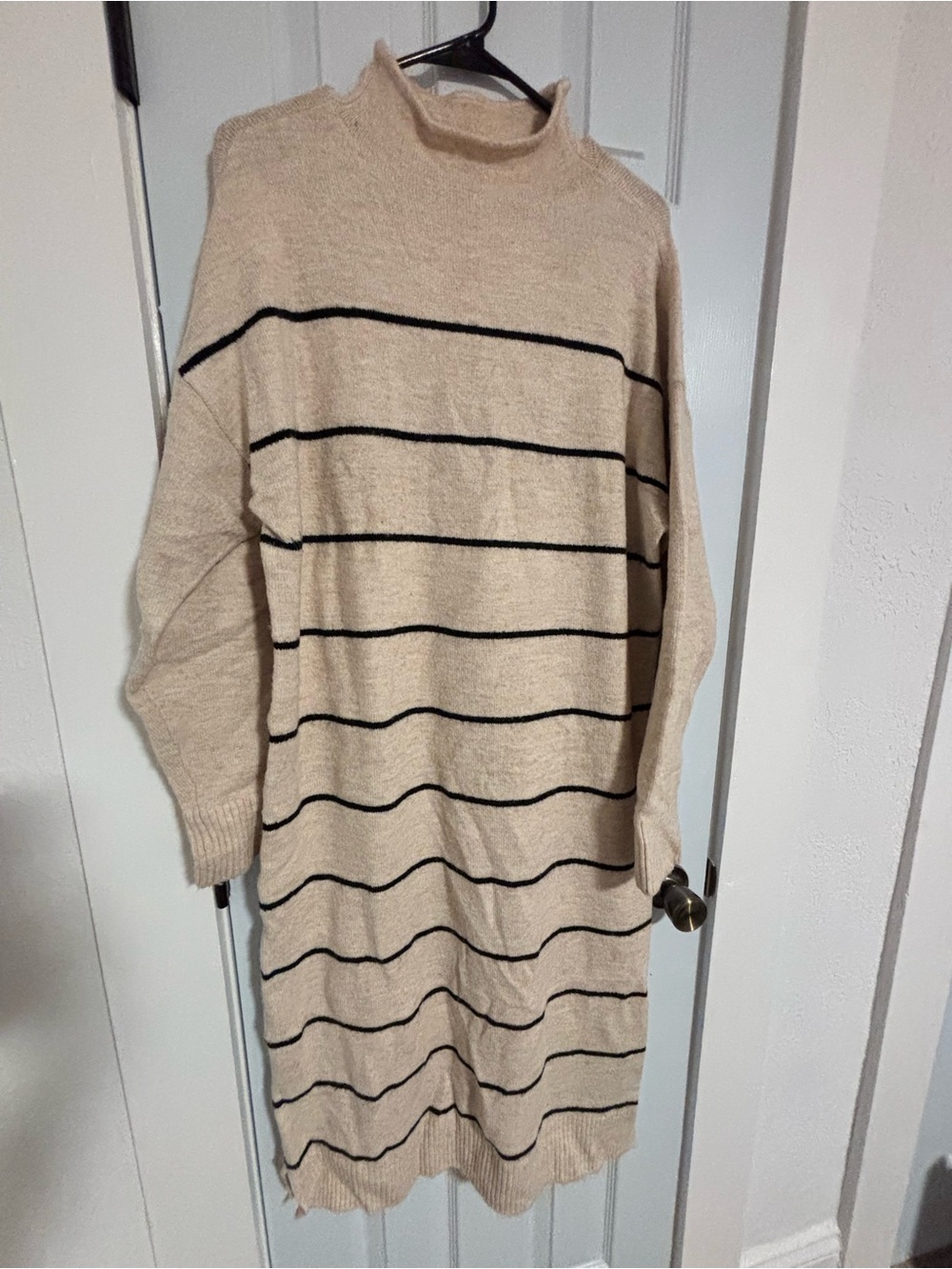 Beige Striped Mock Neck Women’s Sweater Dress